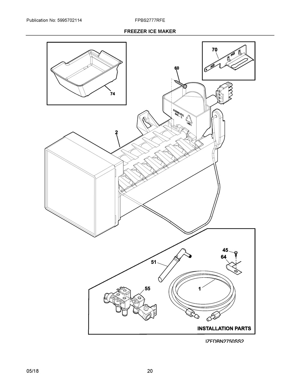 Freezer Ice Maker Diagram and Parts List for FPBS2777RFE  Frigidaire Refrigerator