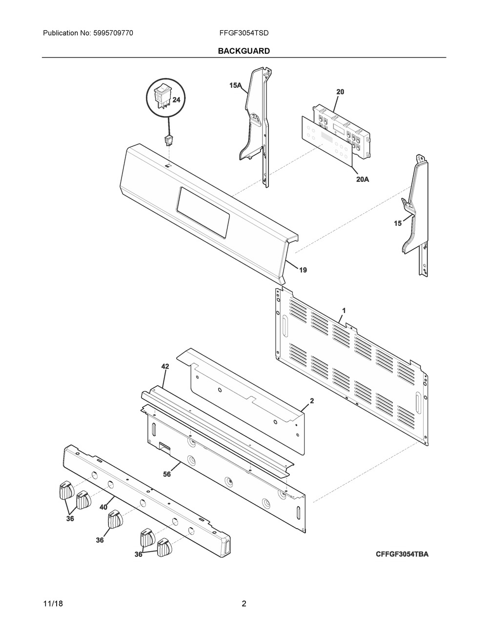 Backguard Diagram and Parts List for FFGF3054TSD  Frigidaire Range