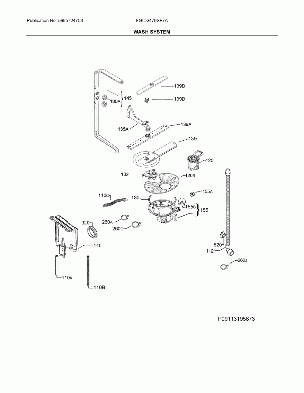 Wash system Diagram and Parts List for FGID2479SF7A  Frigidaire Dishwasher