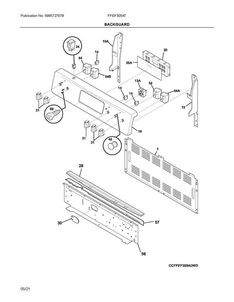 Backguard Diagram and Parts List for FFEF3054TBR  Frigidaire Range