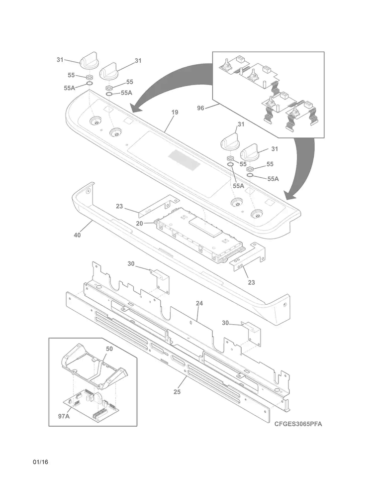 Backguard Diagram and Parts List for FGES3065PFG  Frigidaire Range
