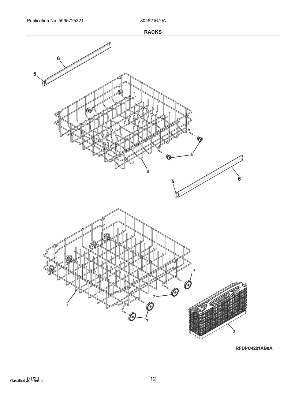 Racks Diagram and Parts List for 804621670A  Frigidaire Dishwasher