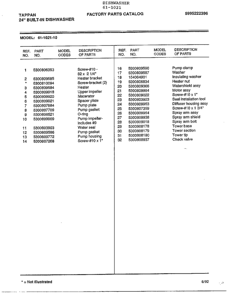 24" Built-in Dishwasher Page 8 Diagram and Parts List for 61-1021  Tappan Dishwasher