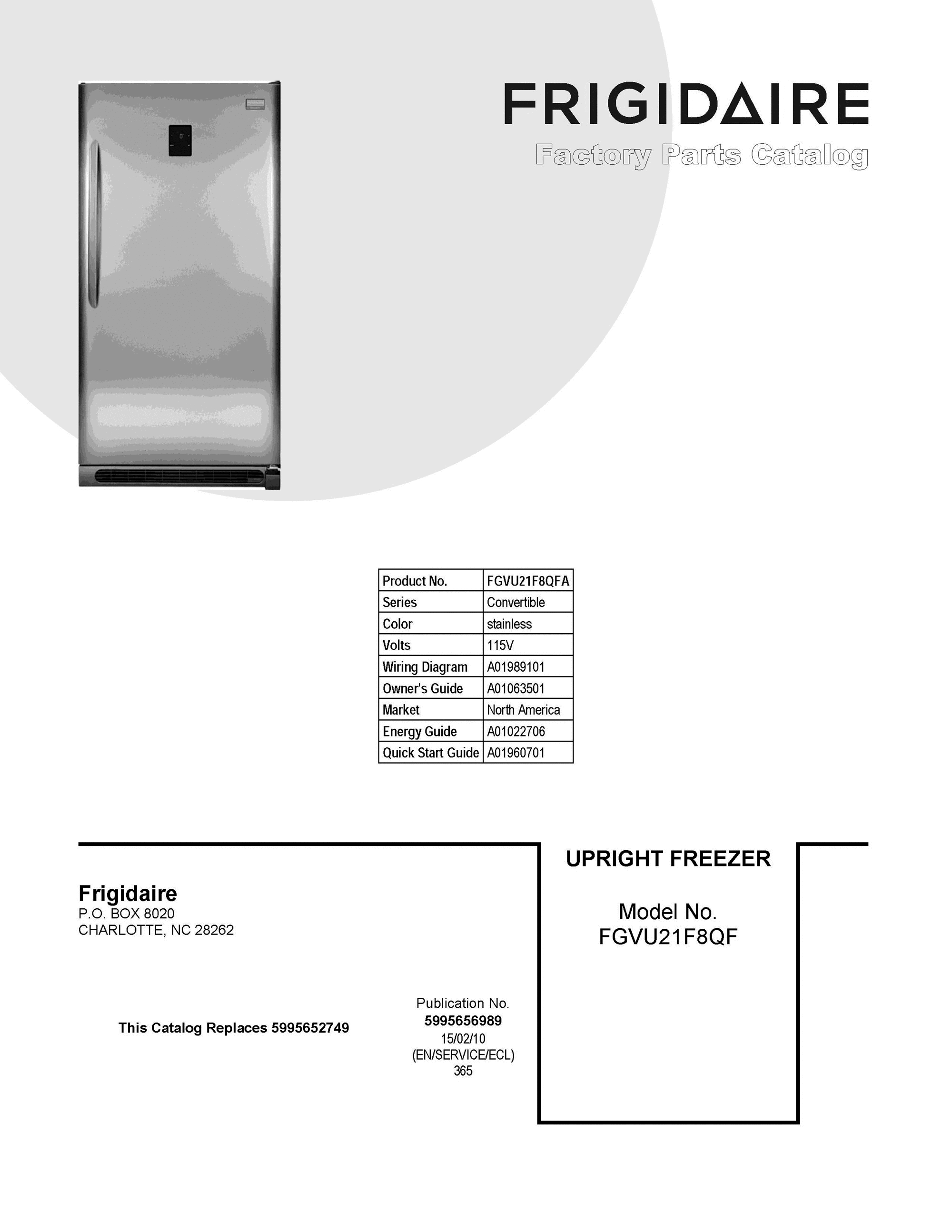 01 - COVER SHEET Diagram and Parts List for FGVU21F8QFA  Frigidaire Freezer