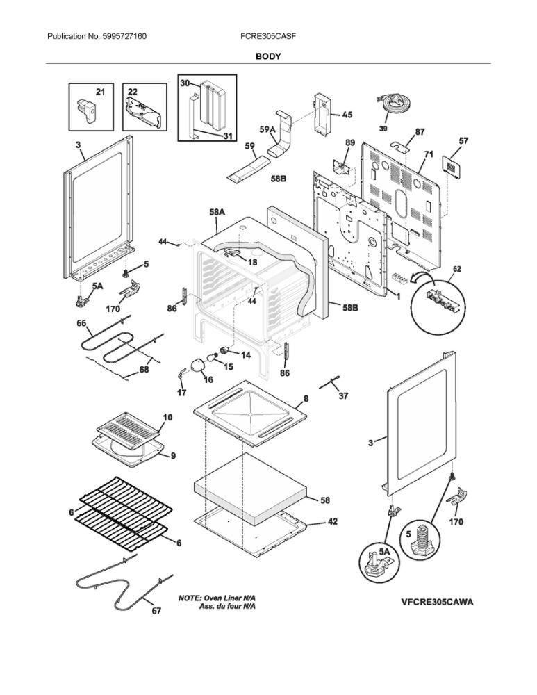 Body Diagram and Parts List for FCRE305CASF  Frigidaire Range
