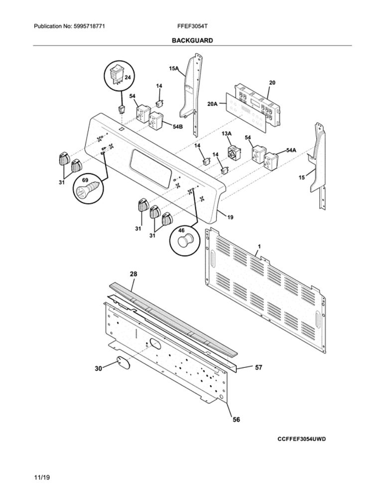 Backguard Diagram and Parts List for FFEF3054TBJ  Frigidaire Range
