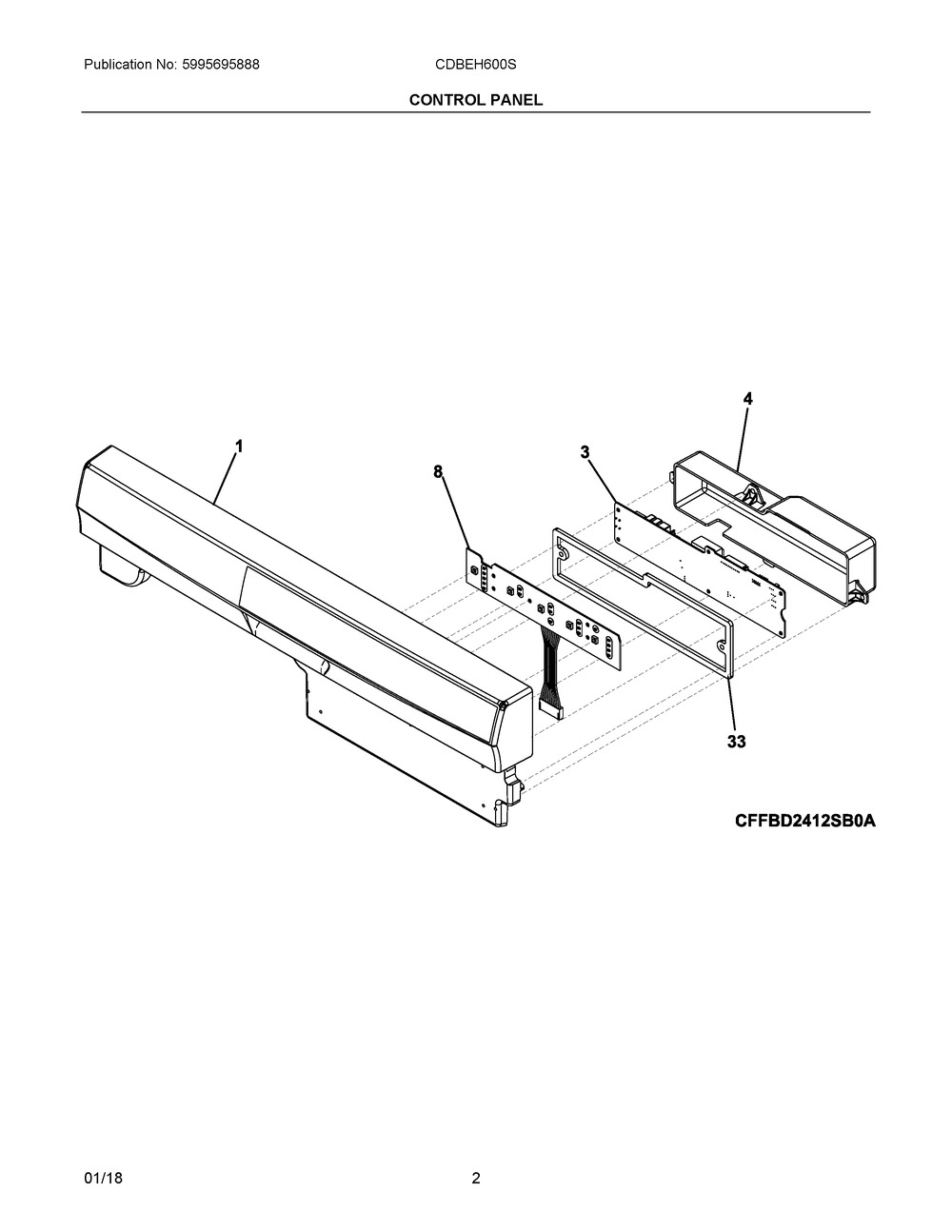 Control Panel Diagram and Parts List for CDBEH600SB2A  Frigidaire Dishwasher