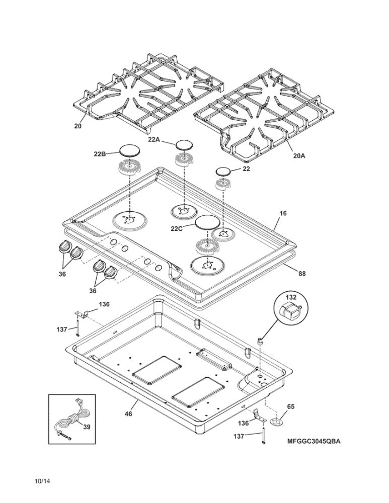 Cooktop Diagram and Parts List for FGGC3045QBA  Frigidaire Cooktop