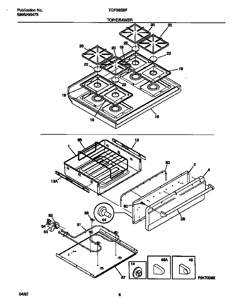TOP / DRAWER Diagram and Parts List for TGF365BFDA  Tappan Range