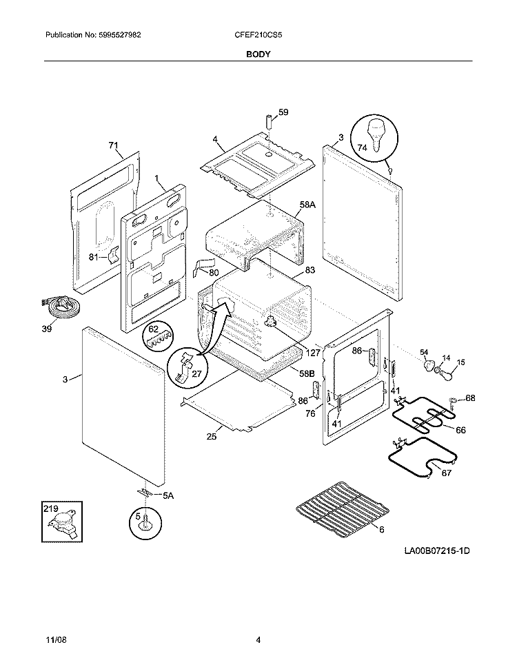 BODY Diagram and Parts List for CFEF210CS5  Frigidaire Range