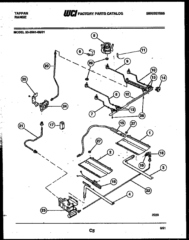 BURNER, MANIFOLD AND GAS CONTROL Diagram and Parts List for 30-3981-23-01  Tappan Range