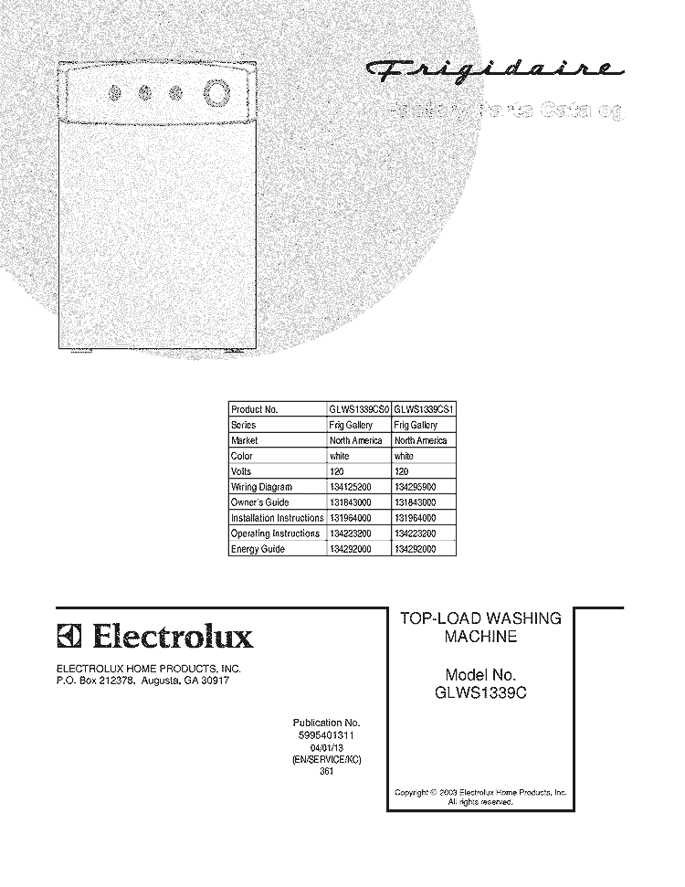 COVER Diagram and Parts List for GLWS1339CS1  Frigidaire Washer