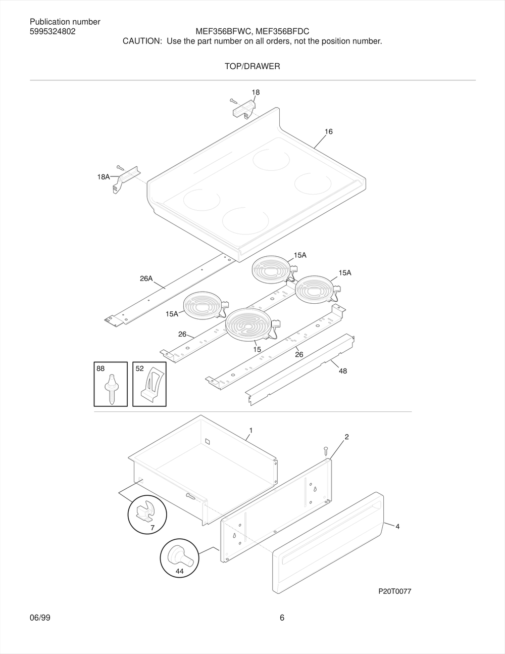Top/Drawer Diagram and Parts List for MEF356BFDC  Frigidaire Range