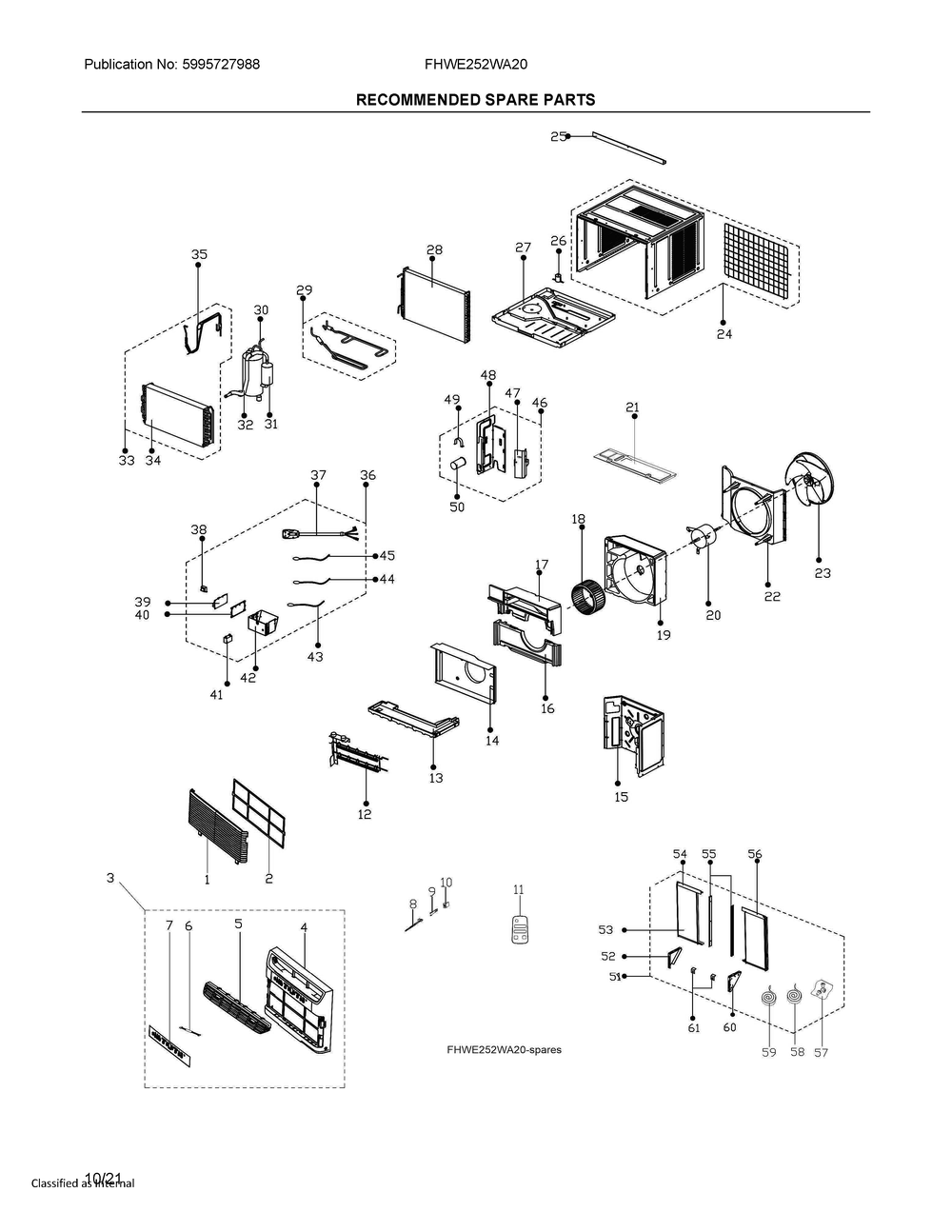 Spares Diagram and Parts List for FHWE252WA20  Frigidaire Air Conditioner