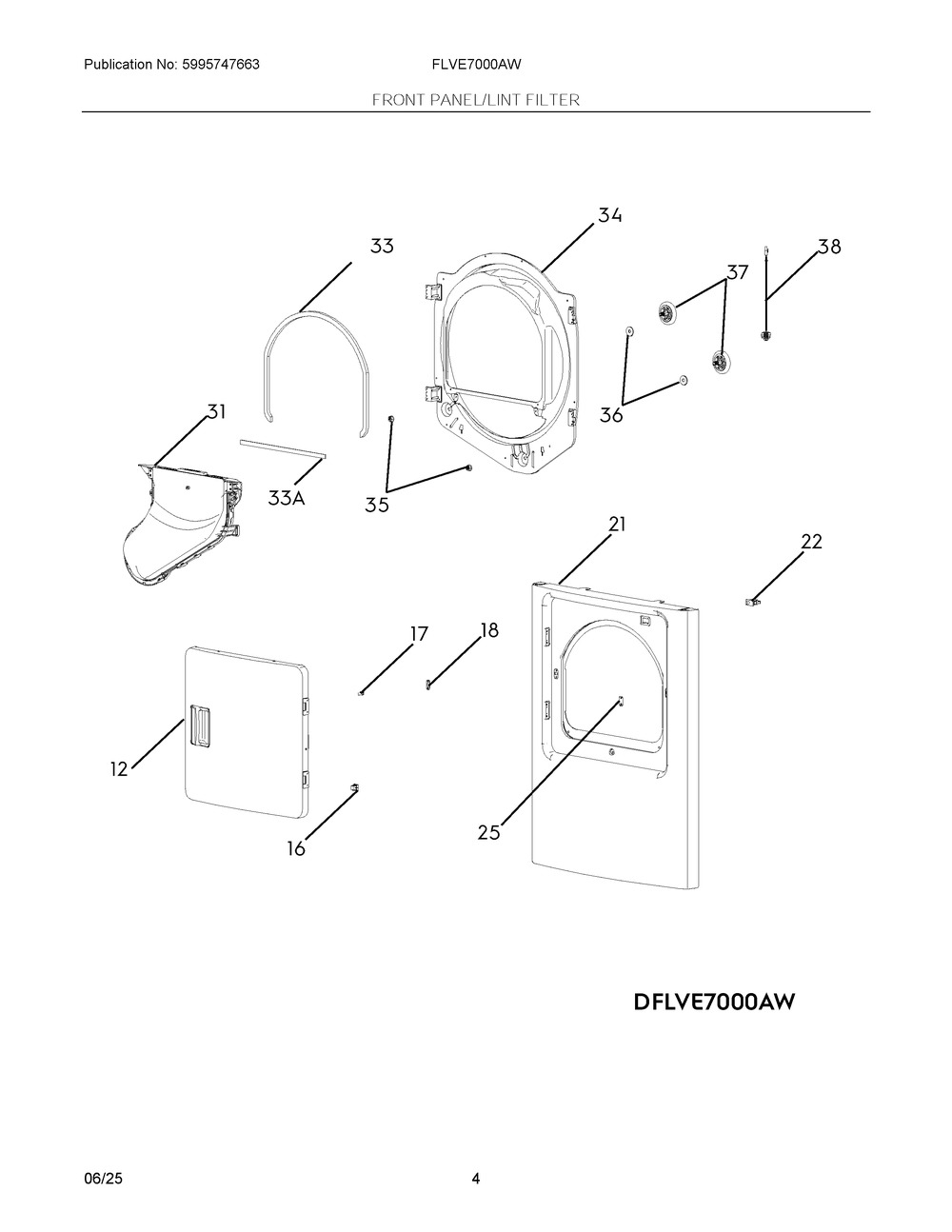 Front Panel/Lint Filter Diagram and Parts List for FLVE7000AW  Frigidaire Dryer