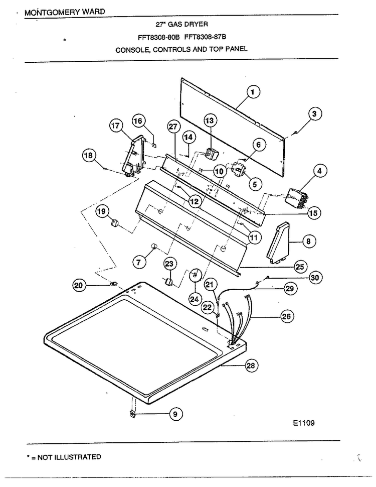 Console/controls And Top Panel Diagram and Parts List for 8308-80B  Frigidaire Dryer