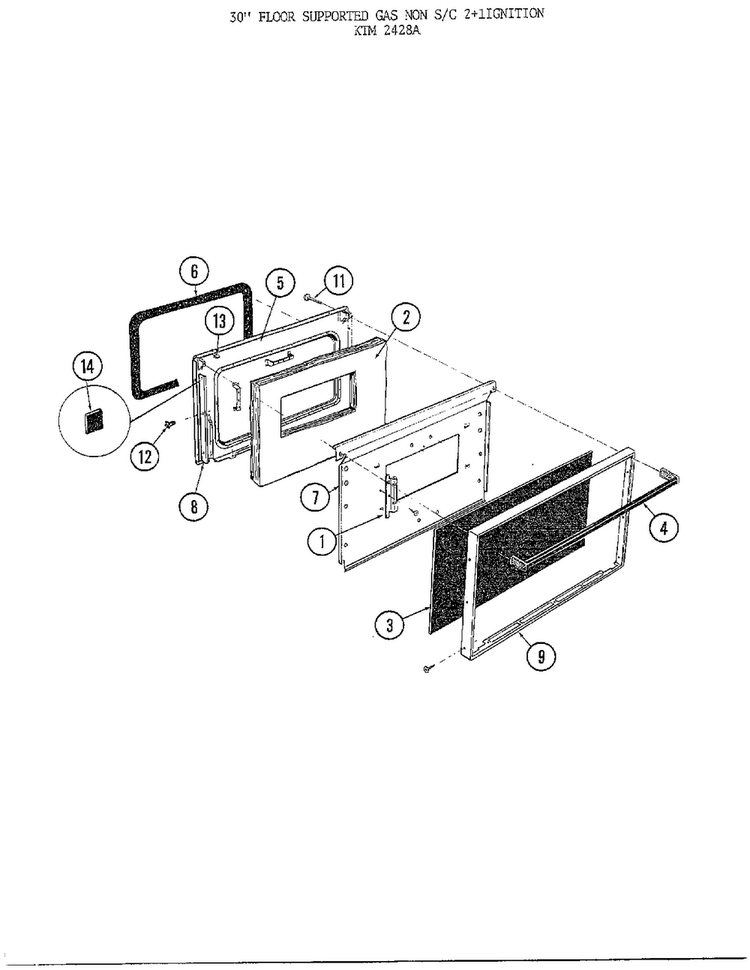 30" Floor/oven Door Diagram and Parts List for 2428A  Frigidaire Range