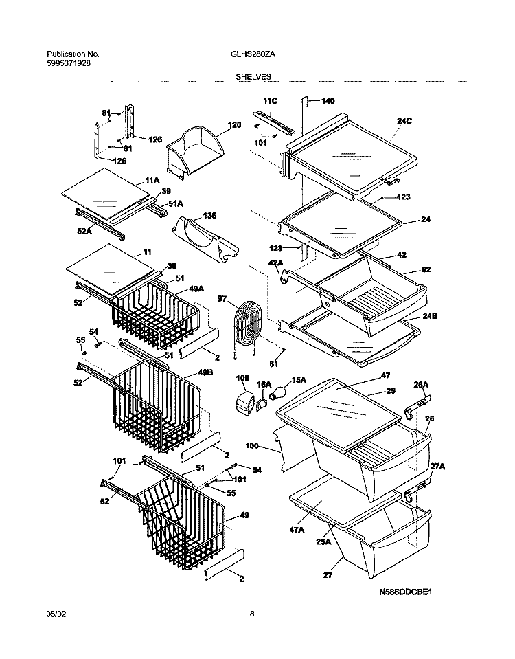 SHELVES Diagram and Parts List for GLHS280ZAB3  Frigidaire Refrigerator