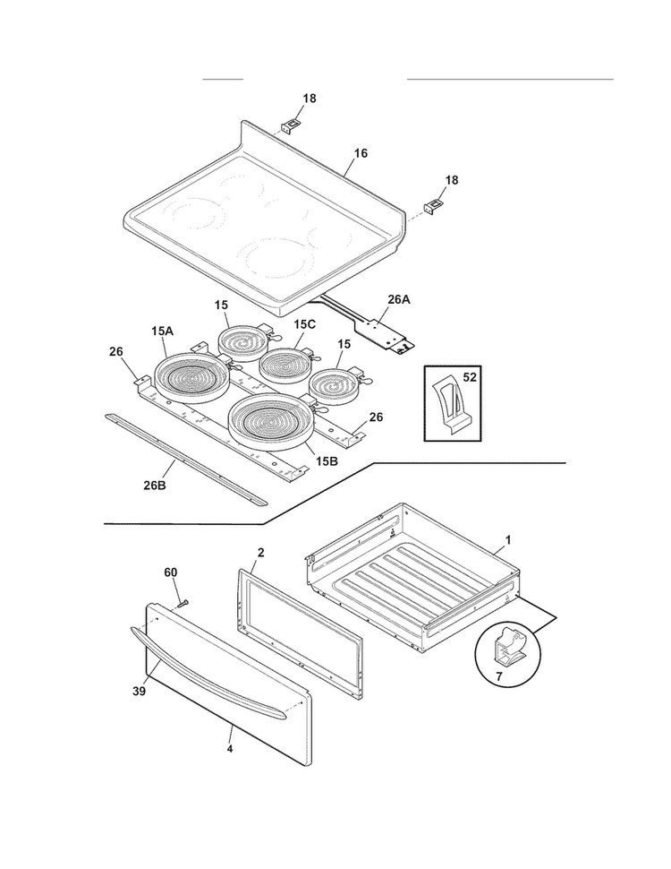 Top/drawer Diagram and Parts List for FGEF3055MFC  Frigidaire Range