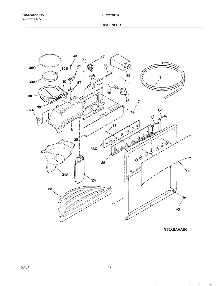 ICE & WATER DISPENSER Diagram and Parts List for FRS23X5AW0  Frigidaire Refrigerator