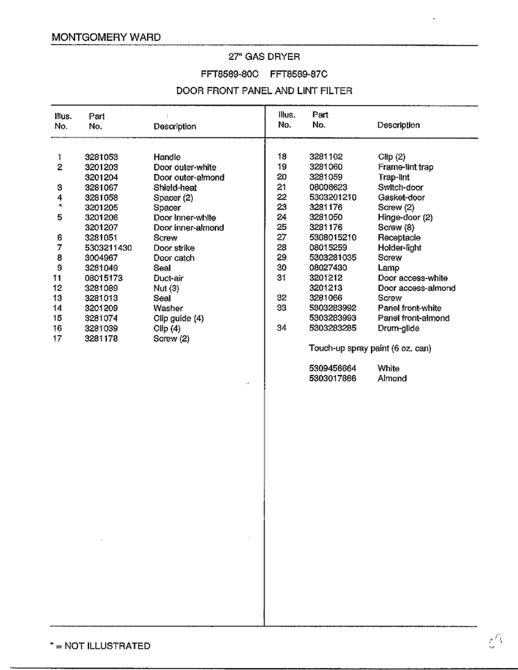 Door Front Panel And Lint Filter Page 2 Diagram and Parts List for 8589-80C  Frigidaire Dryer
