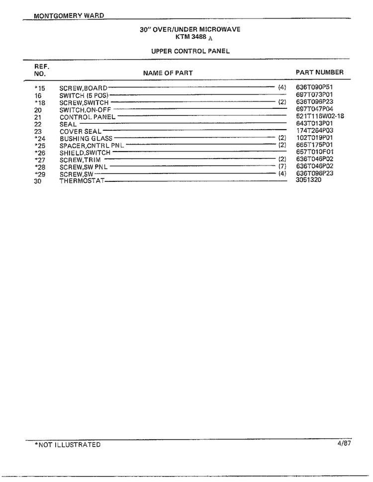 30" Over/under Upper Contrl Pnl Page 2 Diagram and Parts List for 3488A  Frigidaire Range