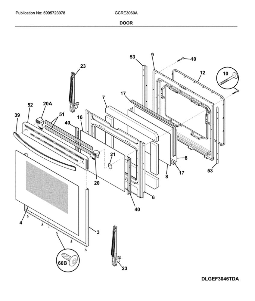 Door Diagram and Parts List for GCRE3060ADD  Frigidaire Range