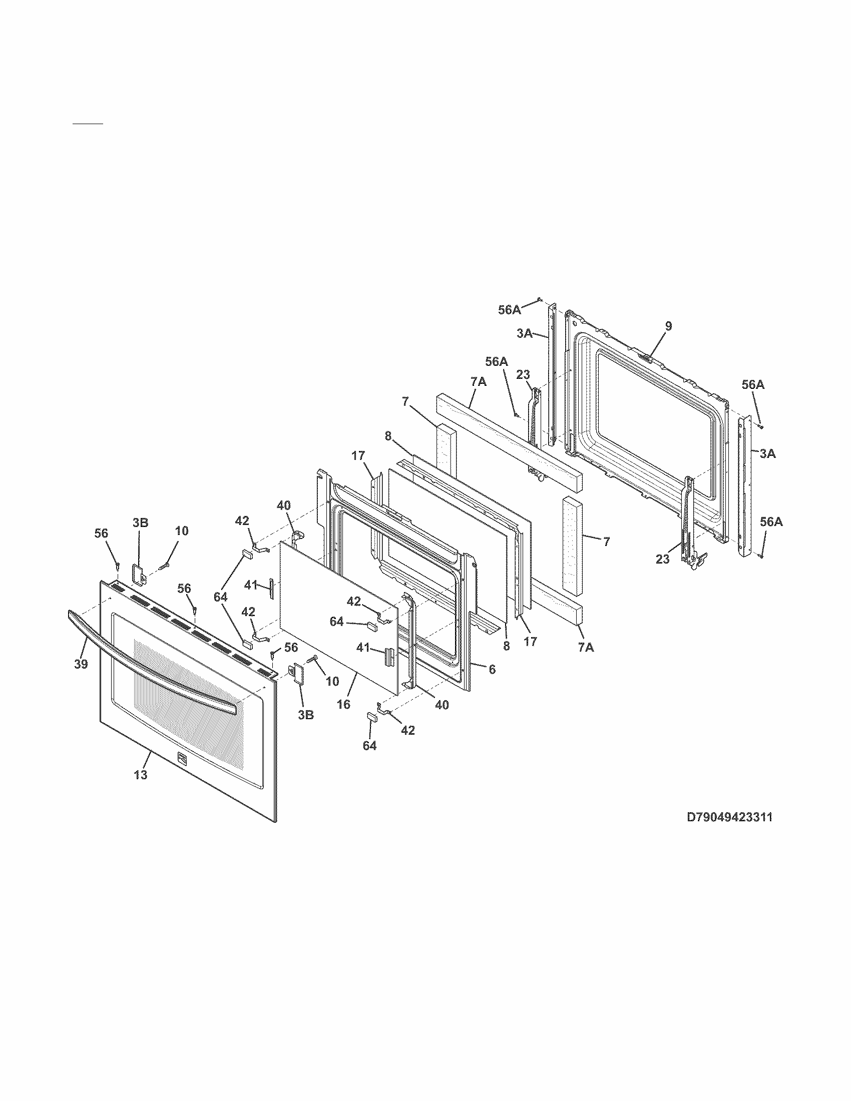 Door Diagram and Parts List for 79042523312  Kenmore Range