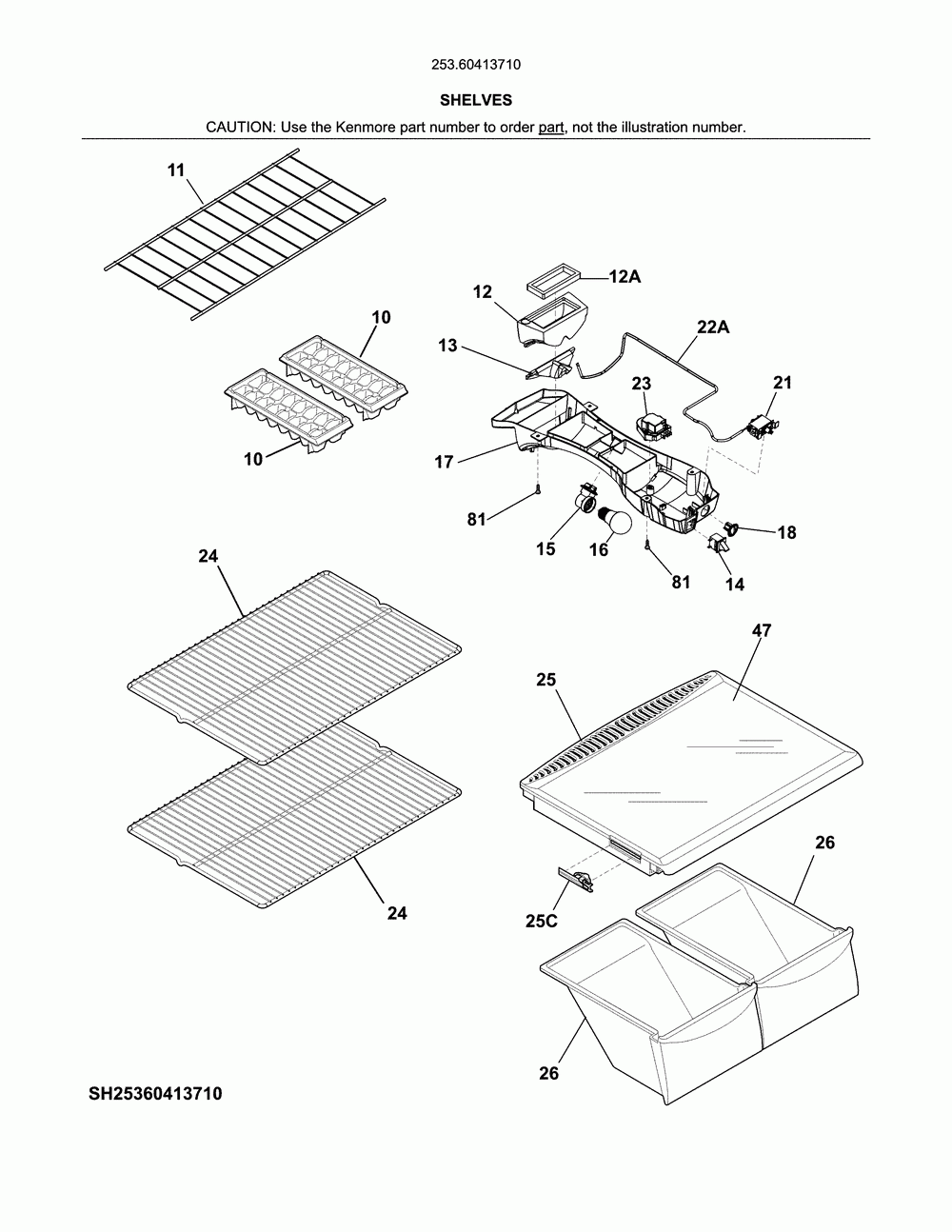 Shelves Diagram and Parts List for 25360413710  Kenmore Refrigerator