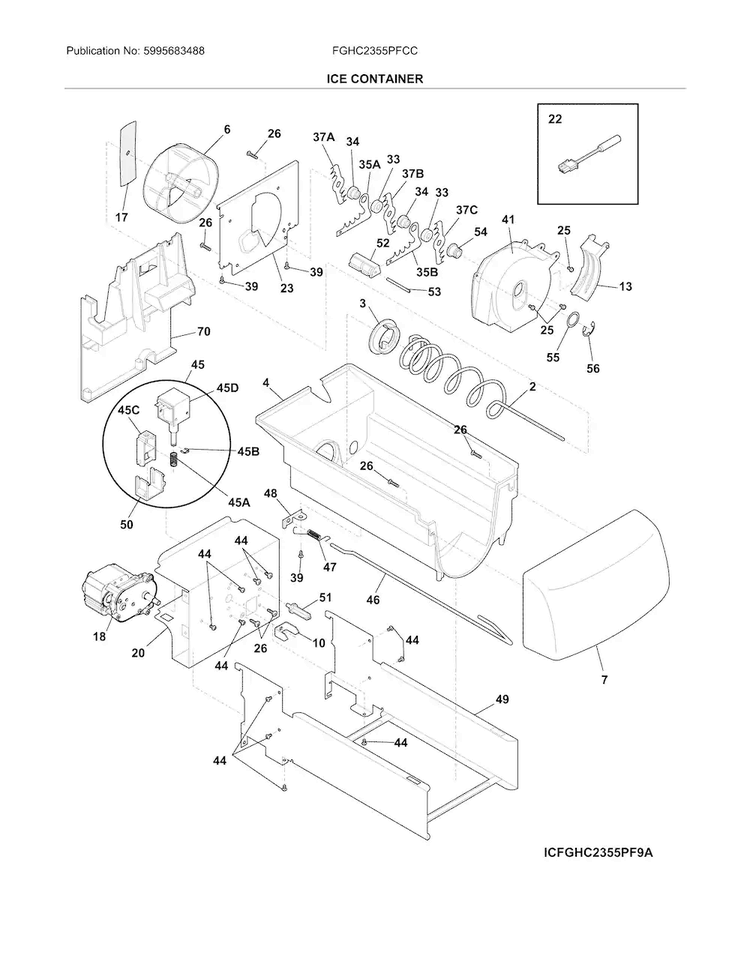 Ice Container Diagram and Parts List for FGHC2355PFCC  Frigidaire Refrigerator