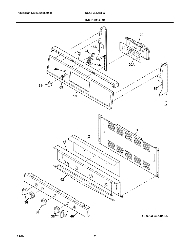 BACKGUARD Diagram and Parts List for DGGF3054KFC  Frigidaire Range