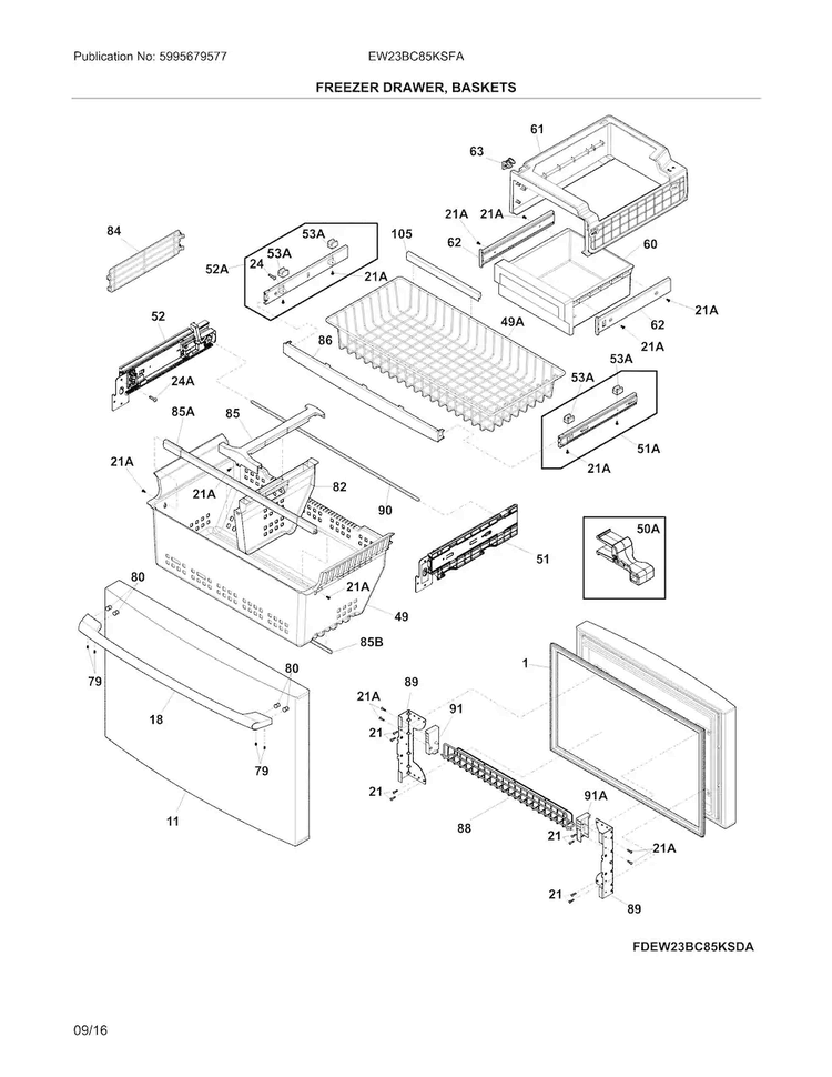 Freezer Drawer, Baskets Diagram and Parts List for EW23BC85KSFA  Electrolux Refrigerator