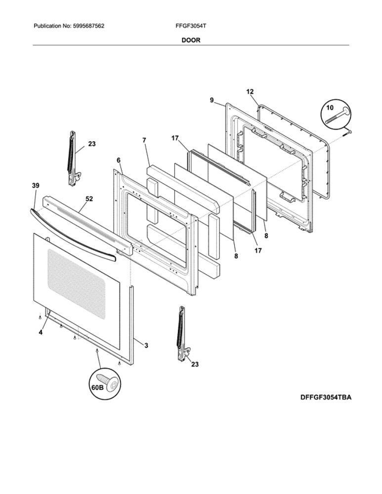 Door Diagram and Parts List for FFGF3054TWA  Frigidaire Range