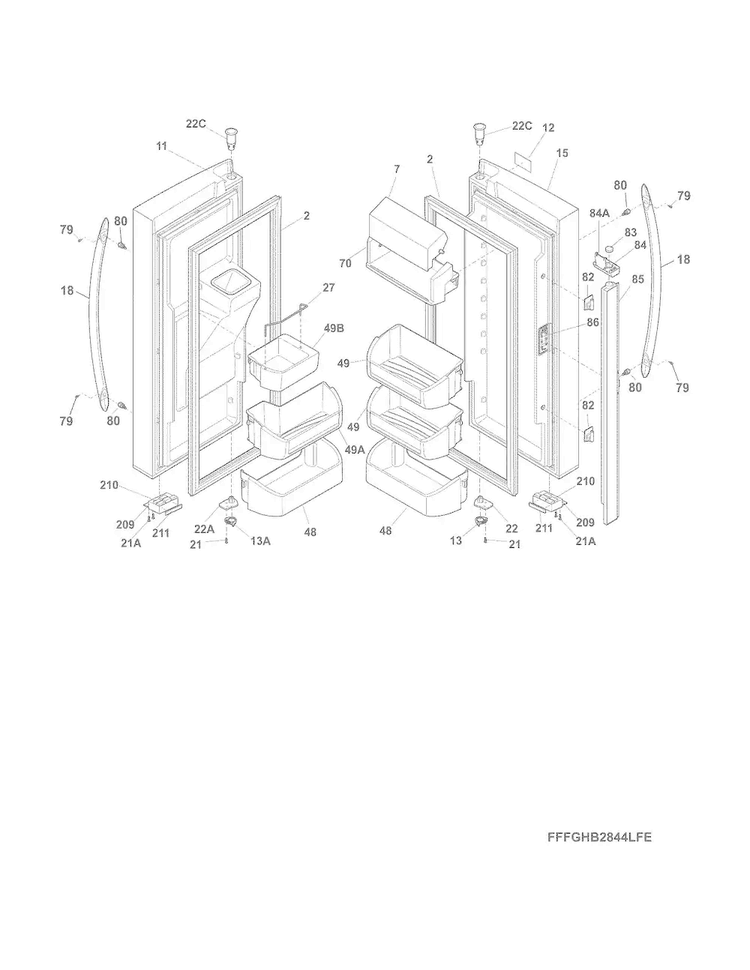 Fresh Food Doors Diagram and Parts List for FGHB2844LFE  Frigidaire Refrigerator