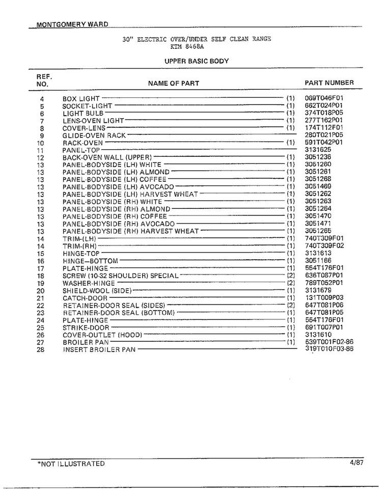 Upper Basic Body Page 2 Diagram and Parts List for 8468A  Frigidaire Range