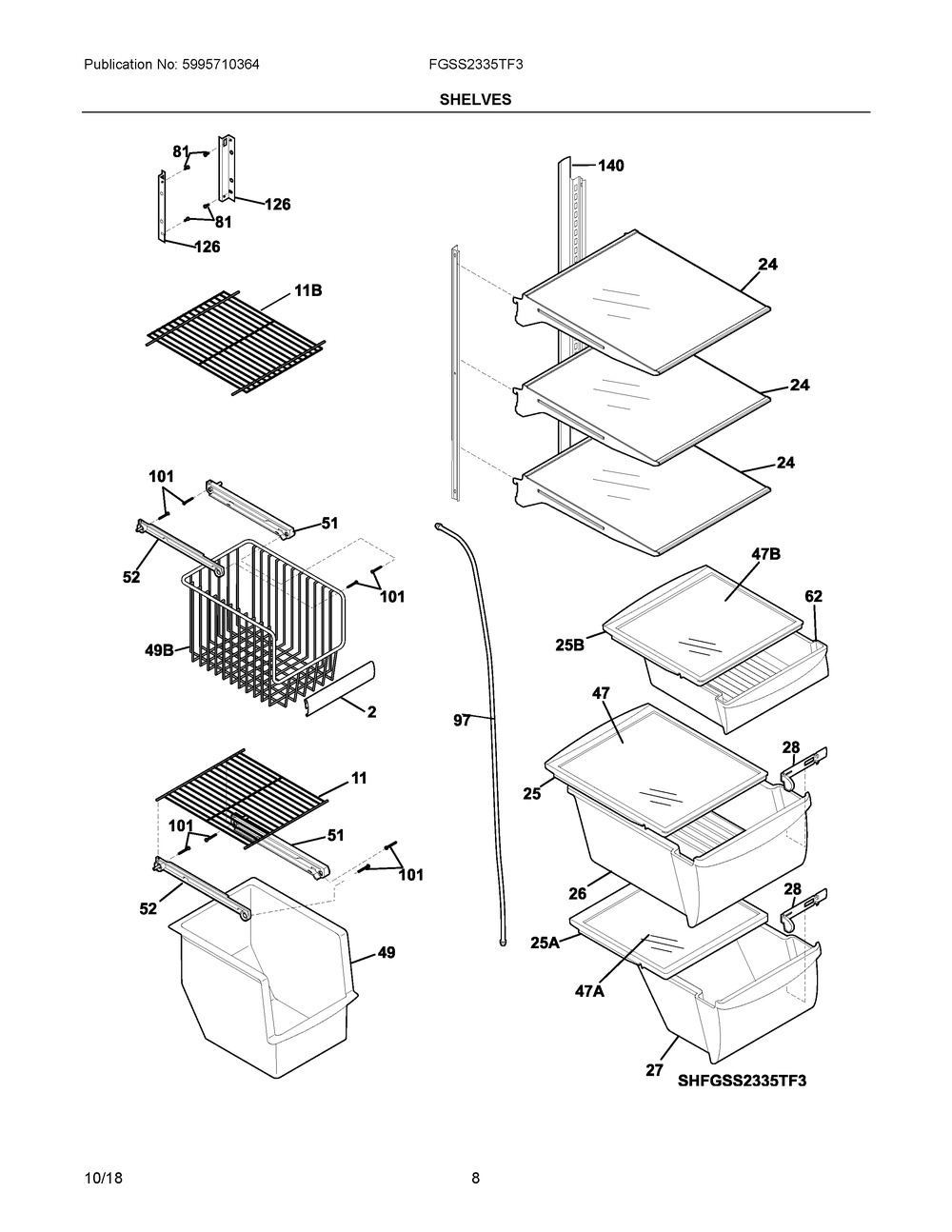 Shelves Diagram and Parts List for FGSS2335TF3  Frigidaire Refrigerator