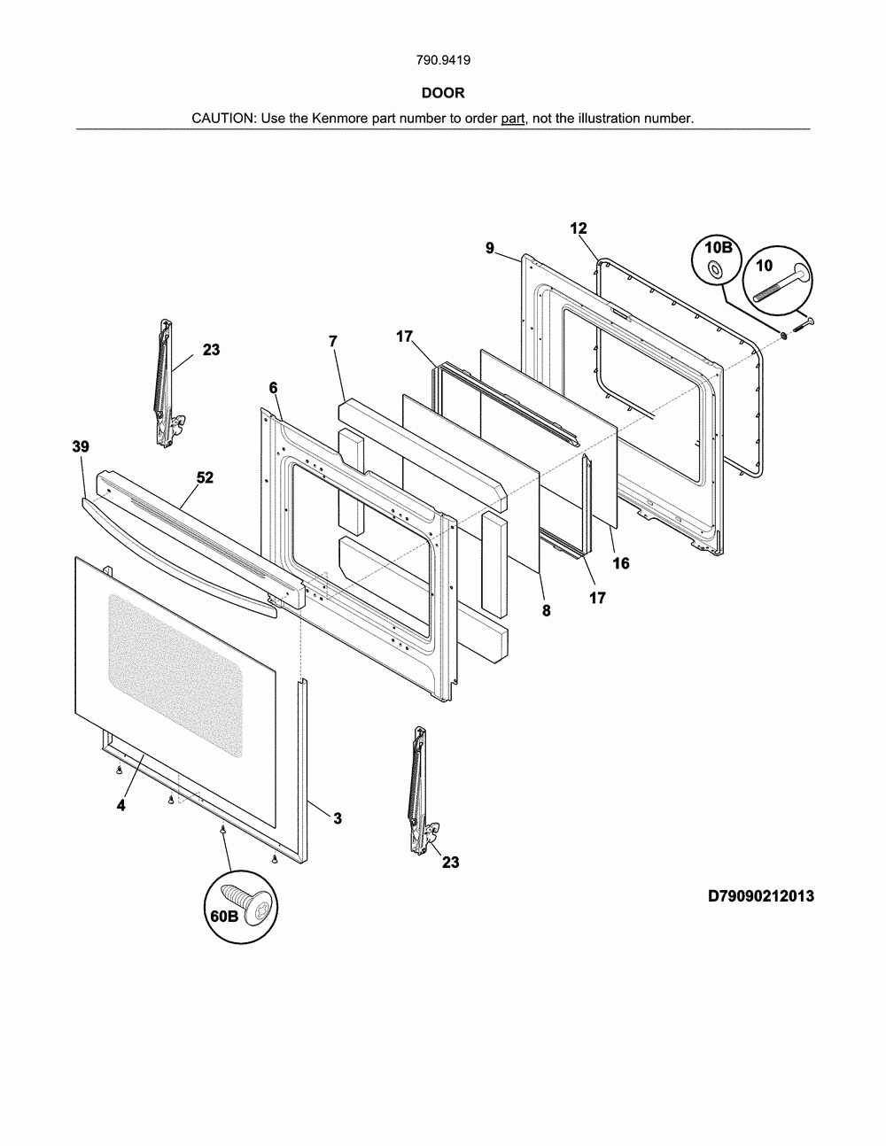 Door Diagram and Parts List for 79094192314  Kenmore Range