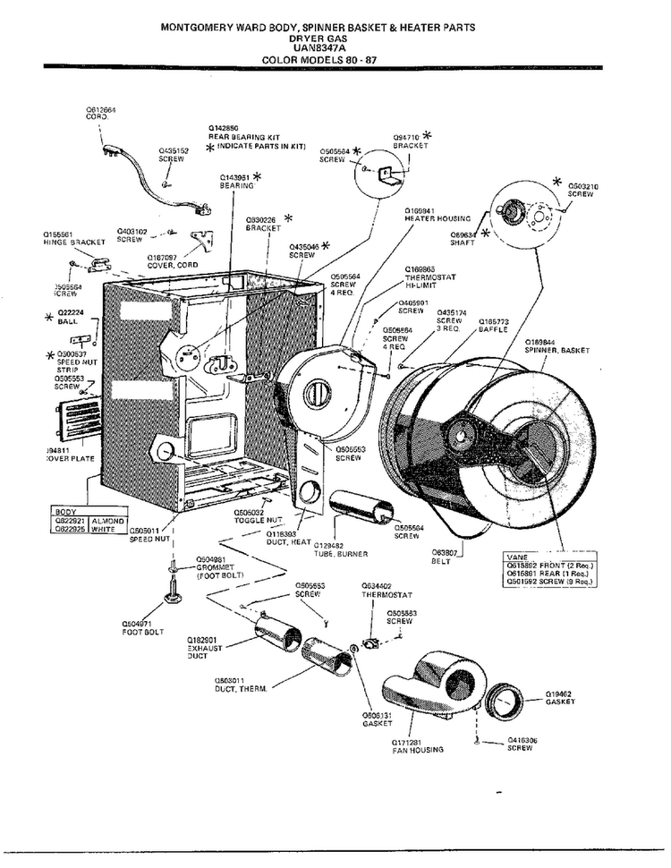 Body, Spinner Basket And Heater Diagram and Parts List for 8347A  Frigidaire Dryer