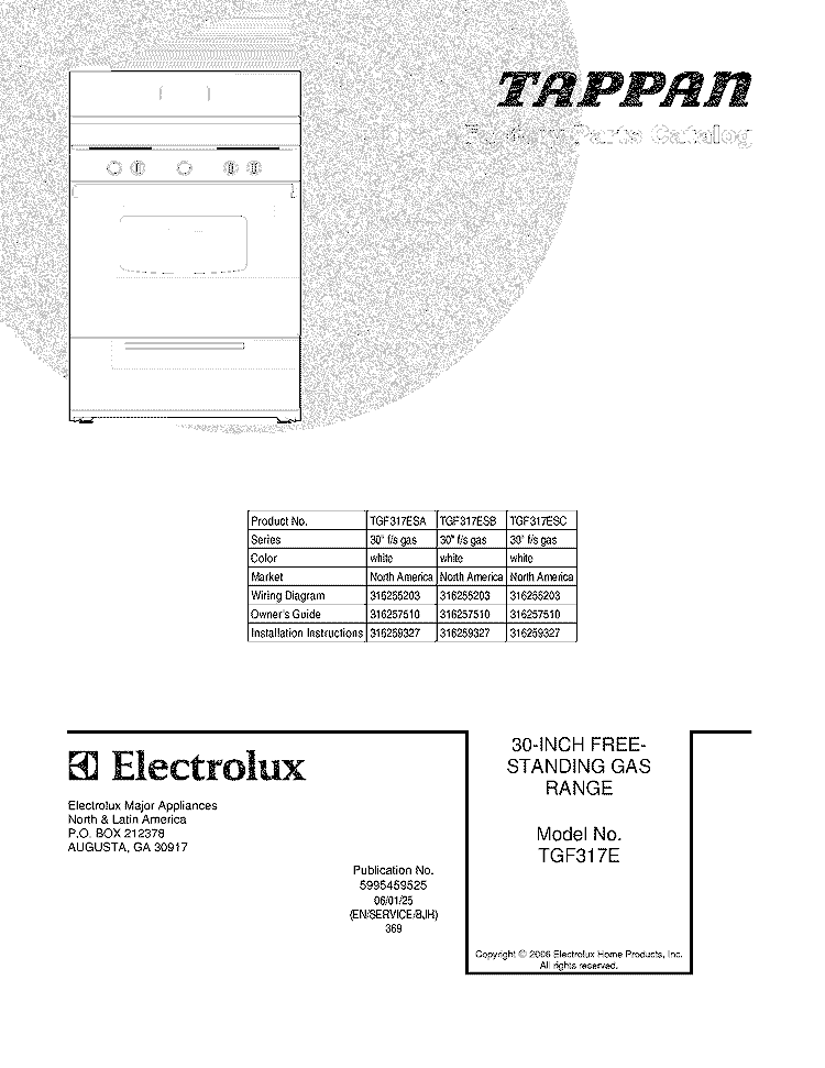 COVER Diagram and Parts List for TGF317ESA  Tappan Range