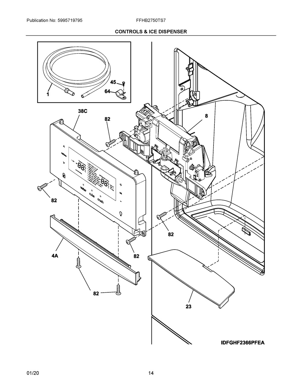 Controls & Ice Dispenser Diagram and Parts List for FFHB2750TS7  Frigidaire Refrigerator
