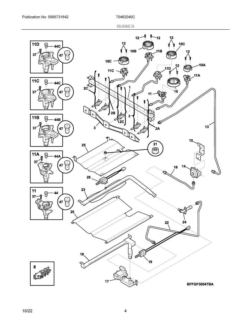 Burner Diagram and Parts List for 70462040C  Frigidaire Range
