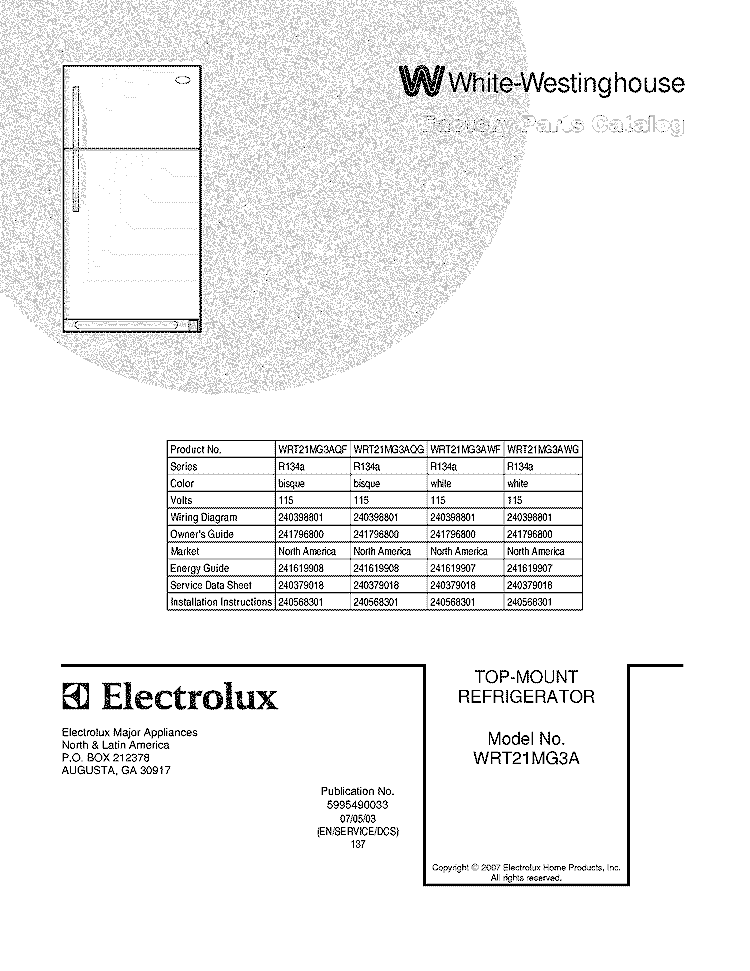 COVER Diagram and Parts List for WRT21MG3AQG  Westinghouse Refrigerator
