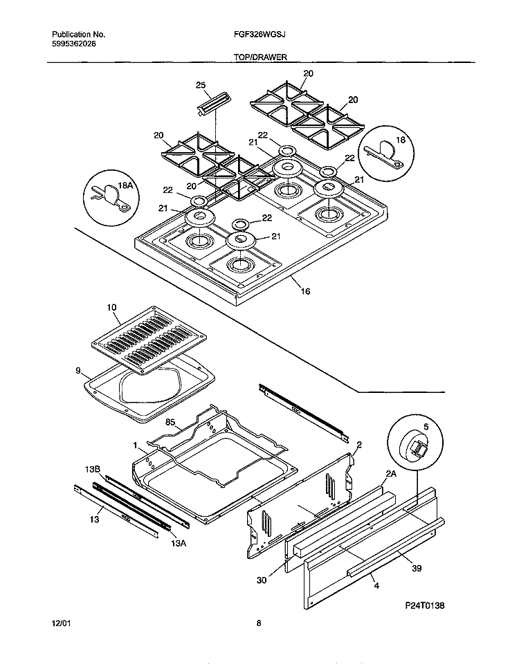 TOP / DRAWER Diagram and Parts List for FGF326WGSJ  Frigidaire Range