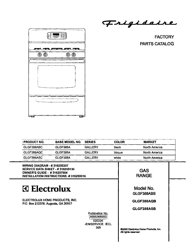 COVER Diagram and Parts List for GLGF388AQC  Frigidaire Range