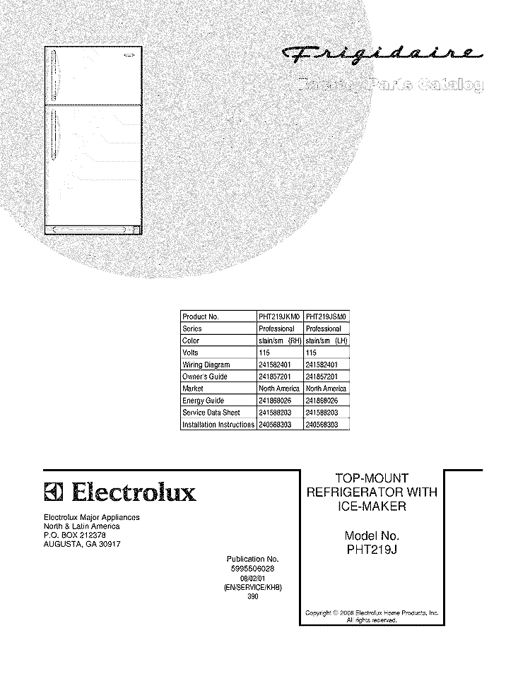 COVER Diagram and Parts List for PHT219JKM0  Frigidaire Refrigerator