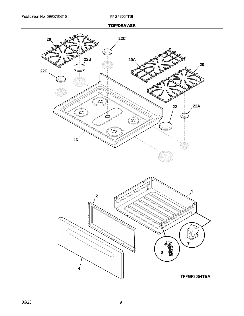 Top/Drawer Diagram and Parts List for FFGF3054TBJ  Frigidaire Range