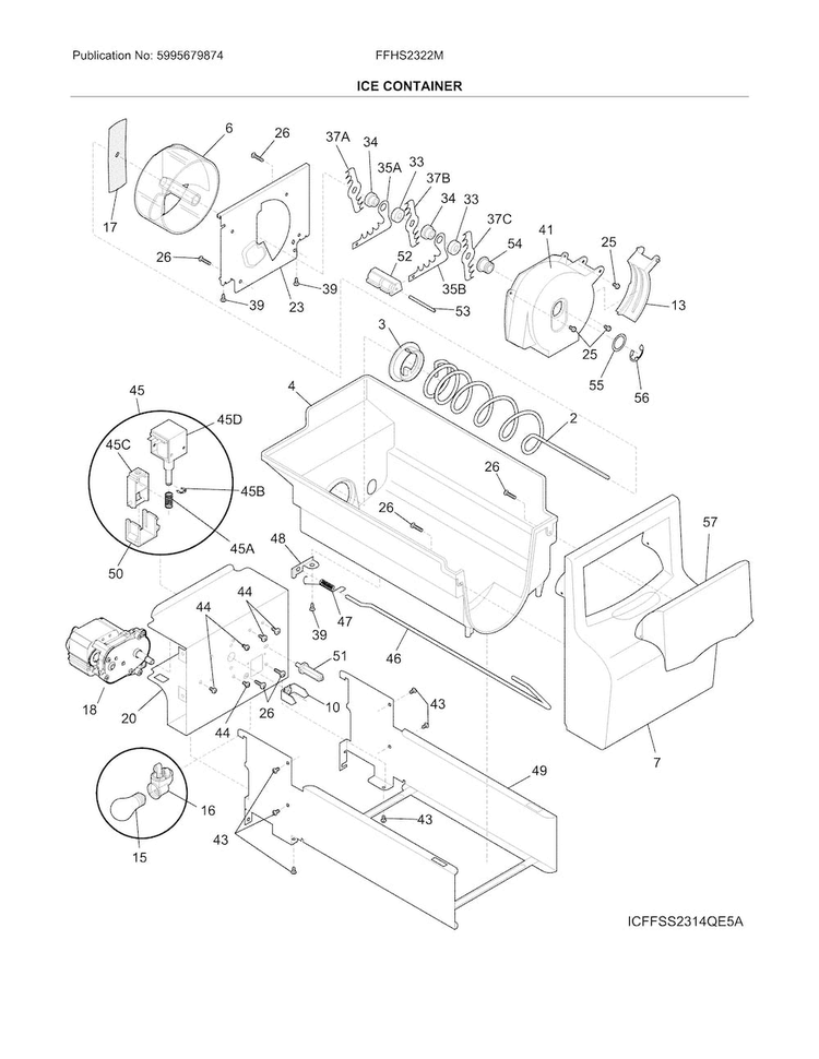 Ice Container Diagram and Parts List for FFHS2322MWKA  Frigidaire Refrigerator