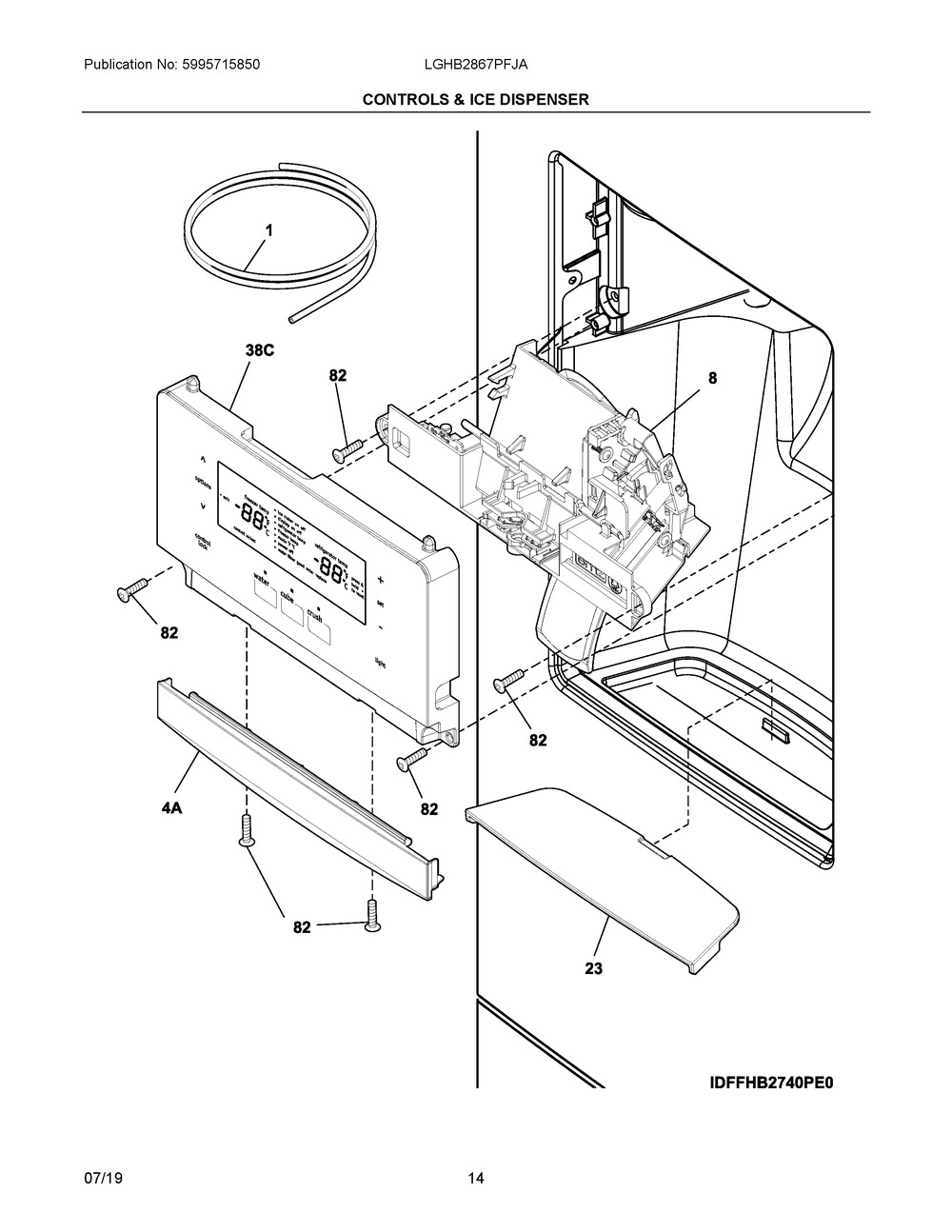 Controls & Ice Dispenser Diagram and Parts List for LGHB2867PFJA  Frigidaire Refrigerator