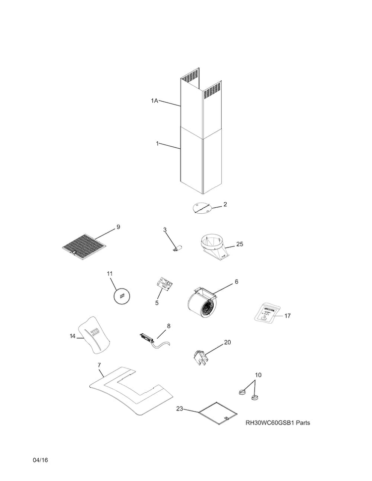 Recommended Spare Parts Diagram and Parts List for RH30WC60GSB  Electrolux Range Hood