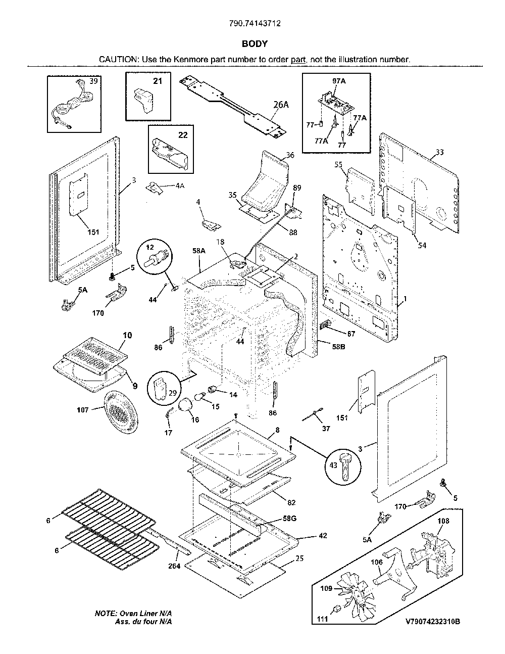 Body Diagram and Parts List for 79074143712  Kenmore Range
